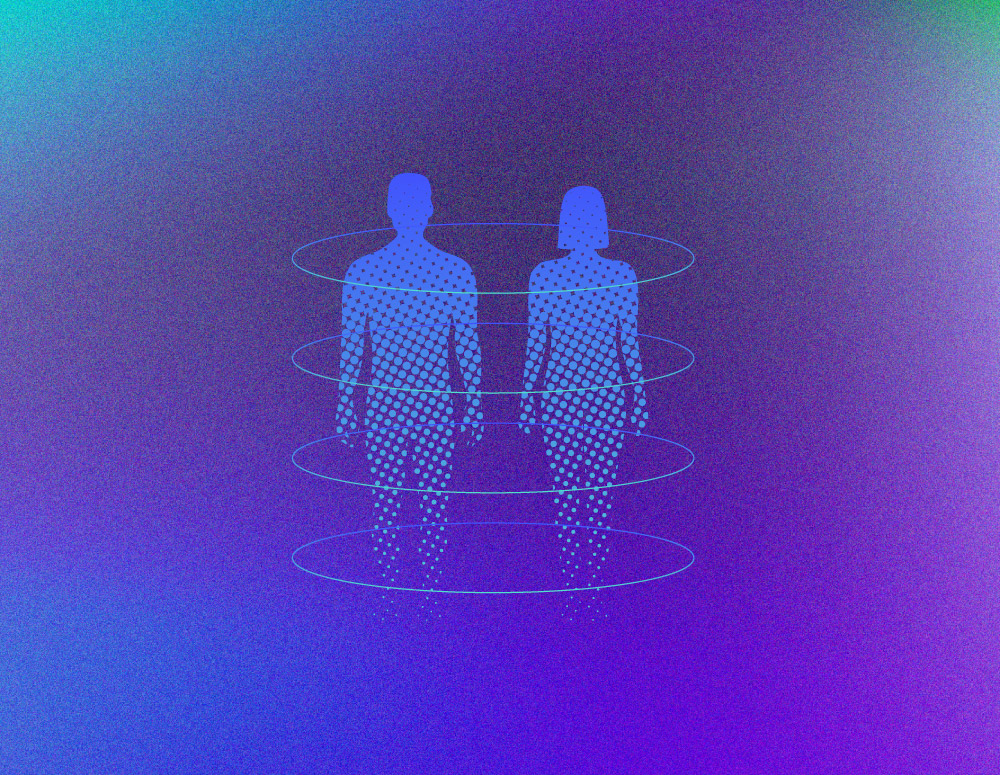 Two silhouettes encompassed by circular energy