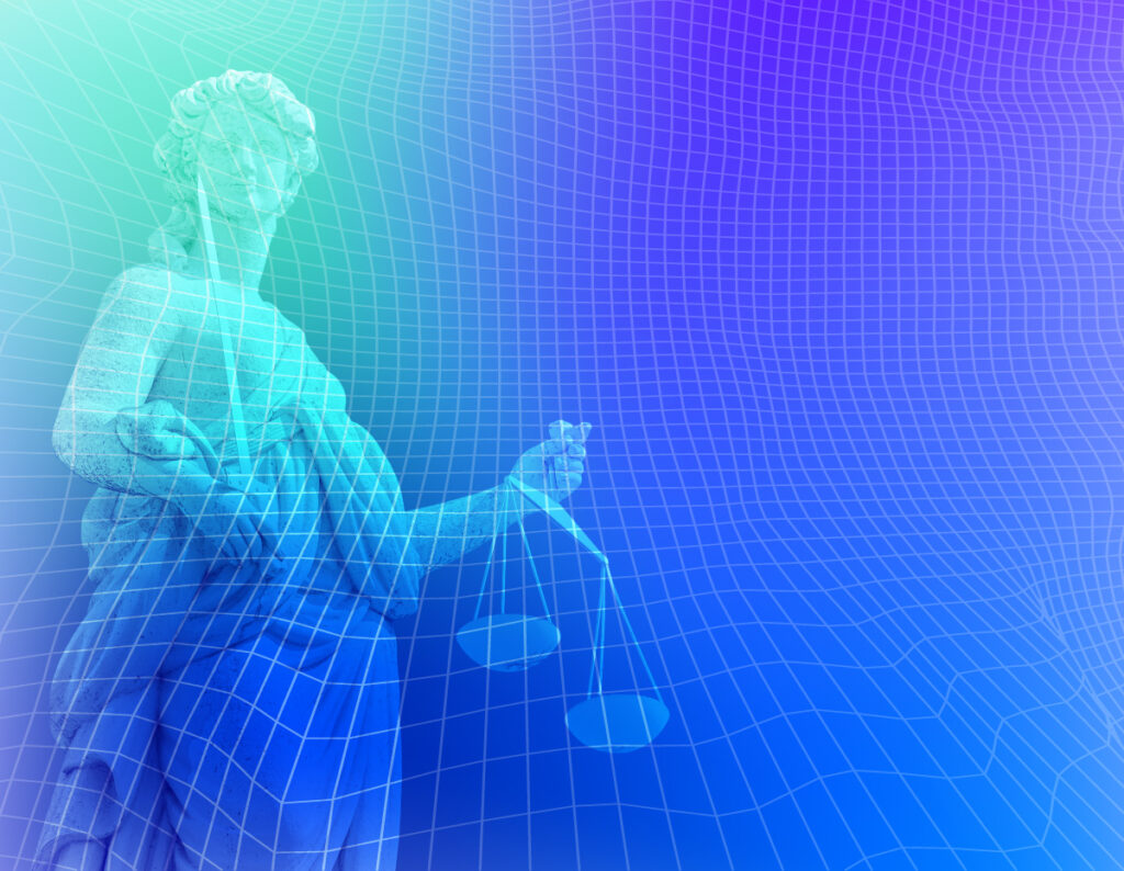 Lady Justice statue with grid