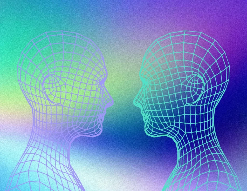 Two wireframe heads facing one another over top a gradient